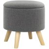 HOMCOM Round Linen Fabric Storage Stool, Wood Base, Padded Top, Hidden Compartment, Ottoman