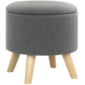 HOMCOM Round Linen Fabric Storage Stool, Wood Base, Padded Top, Hidden Compartment, Ottoman