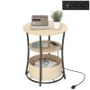 HOMCOM Round Side Table with Charging Station, 3-Tier End Table with Fabric Storage Bag and Shelf, Natural Wood