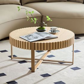 Modern Handcraft Drum Coffee Table 31.5 inch Round Coffee Table for Living Room,Small Coffee Table with Sturdy Pedestal (Color: Natural Ash, Material: MDF+Metal)
